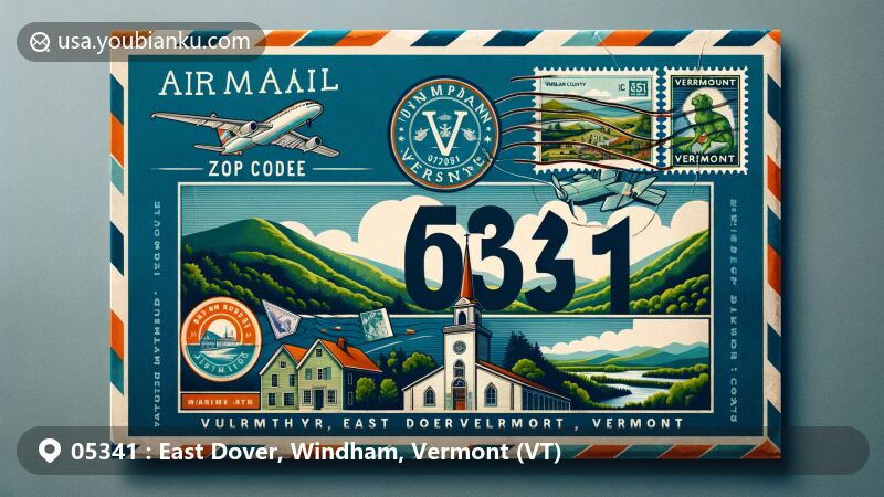 Vintage illustration of East Dover, Windham County, Vermont, reflecting postal theme with ZIP code 05341, featuring East Dover landmarks and Vermont state symbols.