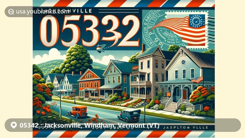 Modern illustration of Jacksonville, Vermont, with ZIP code 05342, featuring vintage postcard design and Windham Village Historic District.