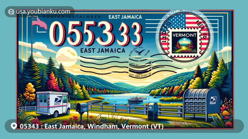 Modern illustration of East Jamaica, Vermont, showcasing postal theme with ZIP code 05343, featuring Jamaica State Park and Vermont state symbols.