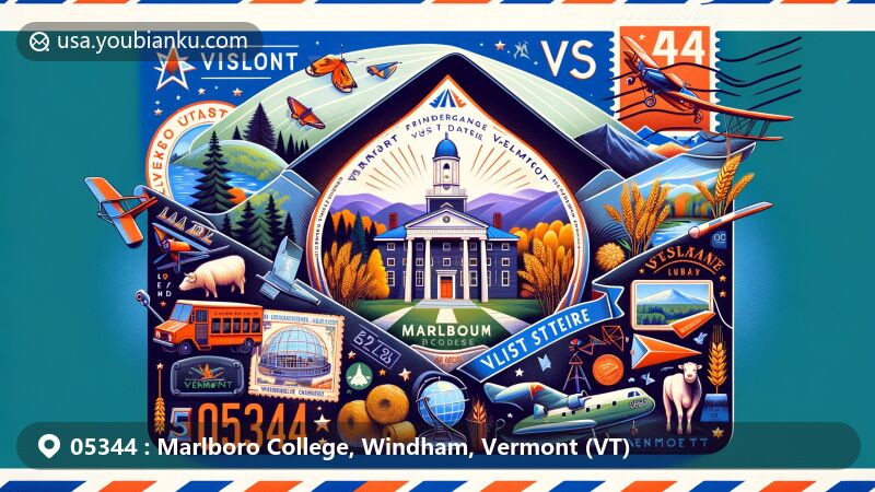 Modern illustration of Marlboro College, Windham, Vermont, highlighting postal theme with ZIP code 05344, featuring Vermont state symbols and local landmarks like Marlboro College, Windham Village Historic District, and Stellafane Observatory.