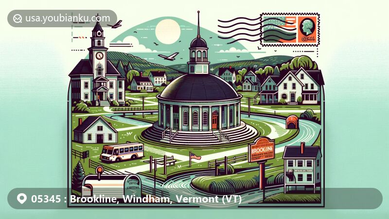 Modern illustration of Brookline, Vermont, capturing the town's Round Schoolhouse, Grassy Brook valley, and West River, combined with postal elements like stamp, postmark, ZIP Code '05345', mailbox, and postal van.