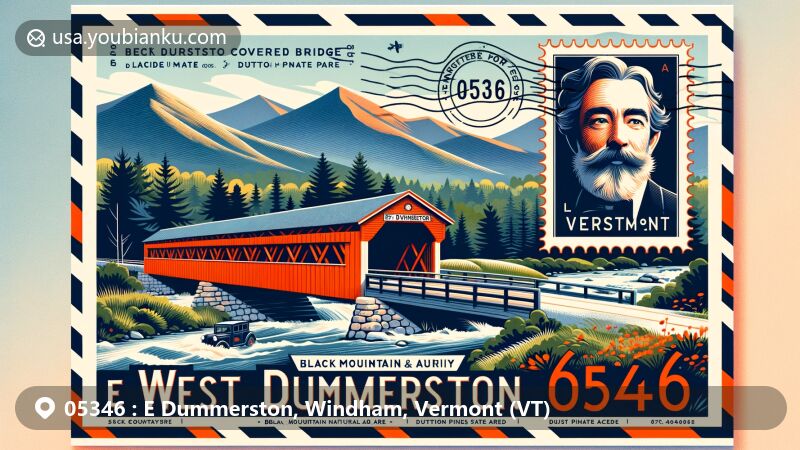 Modern illustration of E Dummerston, Windham County, Vermont, showcasing West Dummerston Covered Bridge, Black Mountain Natural Area, Dutton Pines State Park, and Rudyard Kipling, featuring postal theme with ZIP code 05346.