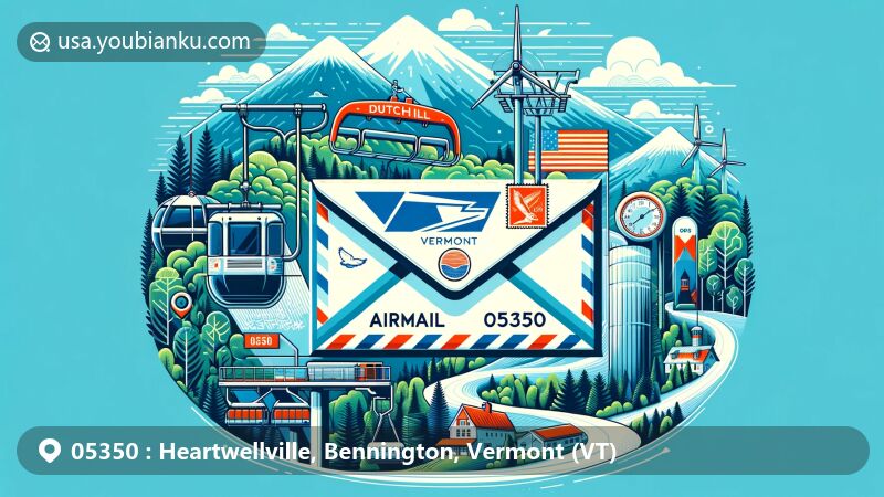 Modern illustration of Heartwellville, Bennington, Vermont showcasing postal theme with ZIP code 05350, featuring Dutch Hill Ski Area elements like ski lifts and slopes, Vermont state flag, lush forests, and mountains.