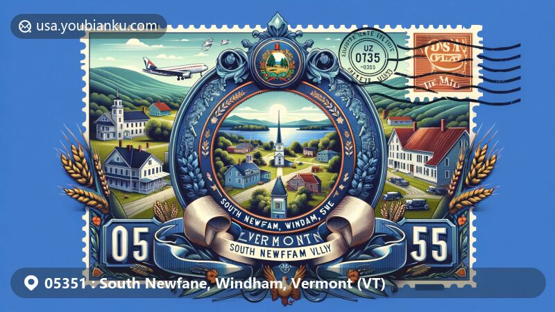 Modern illustration of South Newfane, Windham, Vermont (VT), showcasing picturesque view of South Windham Village Historic District and Vermont state flag, designed in postal envelope style with ZIP code 05351.