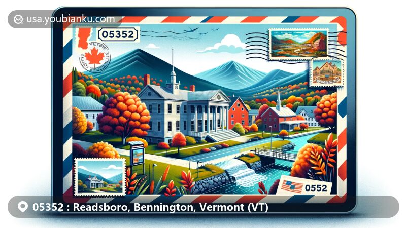 Modern illustration of Readsboro, Vermont, featuring vintage postal-themed design with ZIP code 05352, showcasing Readsboro Historical Society building and autumn foliage.