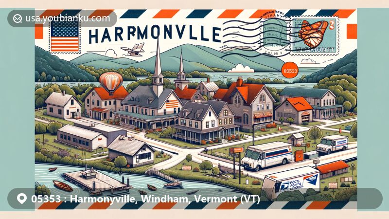 Modern illustration of Harmonyville, Windham County, Vermont, featuring New England style architecture, Townshend State Forest, Townshend Dam, Leland and Gray Union Middle and High School, Vermont state symbols, and postal elements like ZIP Code 05353.