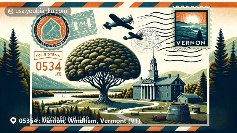 Modern illustration of Vernon, Windham County, Vermont, highlighting postal theme with ZIP code 05354, featuring J. Maynard Miller Municipal Forest's rare 400-year-old black gum swamp and Fort Bridgman Marker.