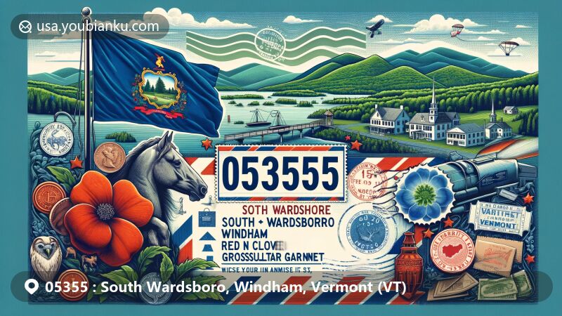 Creative postcard style illustration of South Wardsboro, Windham County, Vermont, representing ZIP code 05355, featuring Vermont state symbols and iconic Naulakha house.