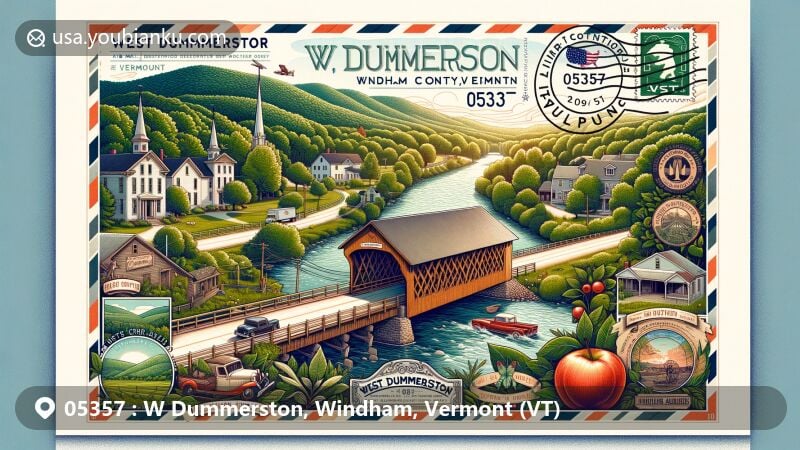 Modern interpretation of W Dummerston, Windham County, Vermont, presenting postal theme with ZIP code 05357, featuring iconic West Dummerston Covered Bridge and local cultural landmarks.