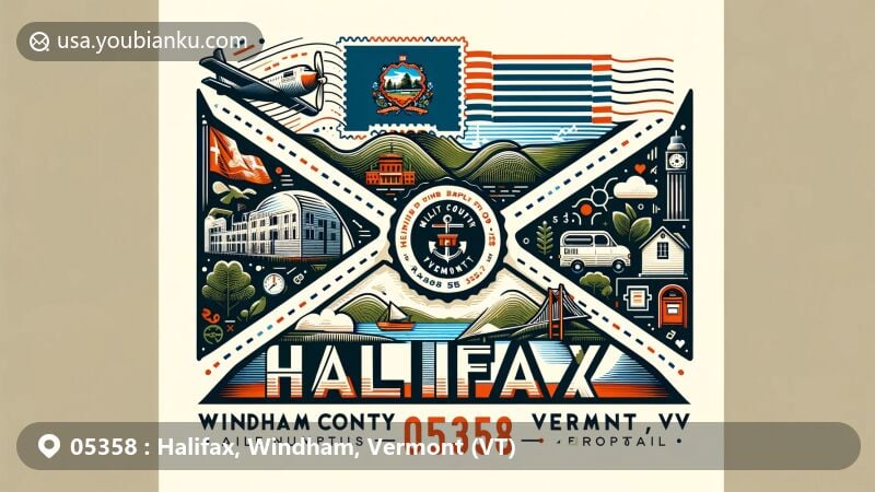 Modern illustration of Halifax, Windham County, Vermont (VT), portraying airmail envelope design with Vermont state flag, Windham County map outline, and Halifax landmarks. Includes postal elements like postage stamp, postmark, mailbox, and mail delivery van.