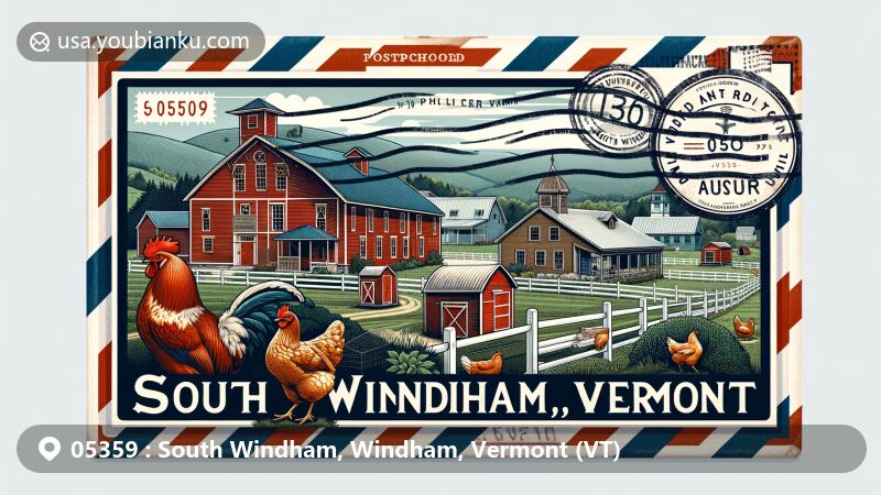 Modern illustration of South Windham, Windham, Vermont (VT), portraying rural charm with 19th-century agricultural buildings, chicken coops, and Vermont countryside, set in an airmail envelope theme with postmark and ZIP code 05359.