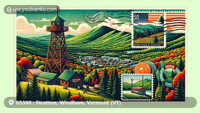 Modern illustration of Stratton area, Windham County, Vermont, depicting postal theme with ZIP code 05360, featuring Stratton Mountain, Green Mountain National Forest, fire tower, Vermont state flag, and vintage postal elements.
