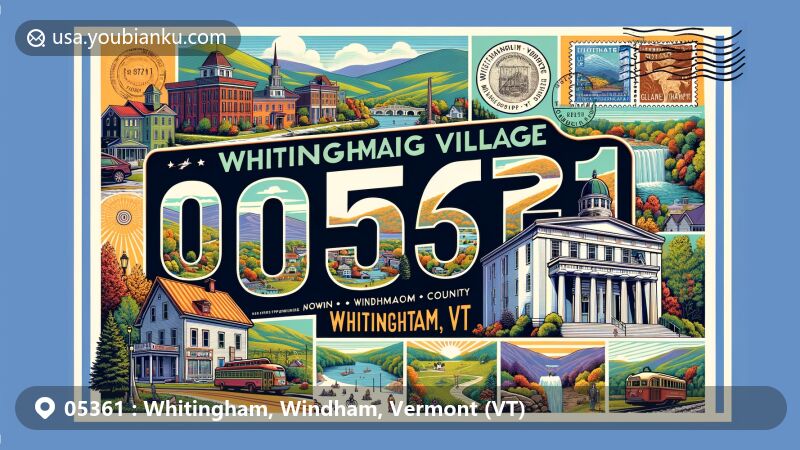 Modern illustration of Whitingham, Windham County, Vermont, showcasing postal theme with ZIP code 05361, featuring Whitingham Village Historic District and outdoor recreational activities.
