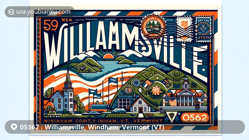 Modern illustration of Williamsville, Windham County, Vermont, showcasing vibrant postal theme with state flag, county map outline, and scenic landmark, along with postal elements like stamp, postmark, and ZIP code 05362.