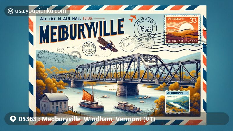 Modern illustration of Medburyville, Windham County, Vermont, capturing vintage air mail envelope with iconic Medburyville Bridge, featuring Vermont state flag and postal elements like postmark and postage stamp.
