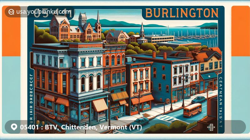 Modern illustration of Burlington, Chittenden County, Vermont, showcasing Church Street Historic District, Battery Street Historic District, traditional neighborhood store buildings, and University of Vermont emblem in a vintage air mail envelope frame.