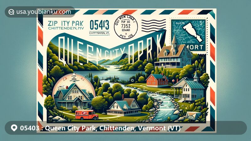 Modern illustration of Queen City Park in Chittenden County, Vermont, featuring summer cottages and natural landscapes, highlighting Vermont state pride and postal theme with vintage postal truck and red mailbox.