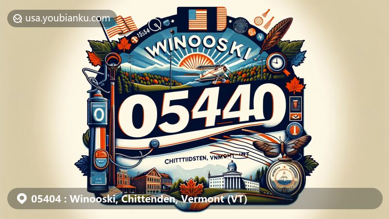 Modern illustration of Winooski, Chittenden, Vermont (VT), featuring a vintage-style airmail envelope with '05404,' surrounded by scenic depictions of Winooski's historical areas, Vermont flag, and iconic symbols like maple leaves.