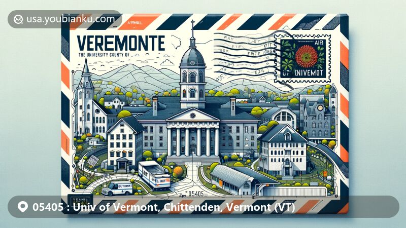 Modern illustration of ZIP code 05405 featuring University of Vermont's iconic buildings, Ira Allen Chapel and Old Mill, with Chittenden County map outline, Vermont state flag, and state flower Red Clover.