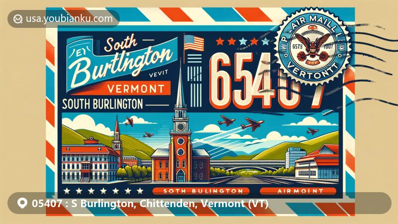 Modern illustration of S Burlington, Chittenden, Vermont (VT), depicting airmail theme with ZIP code 05407, showcasing local landmark and Vermont state flag.