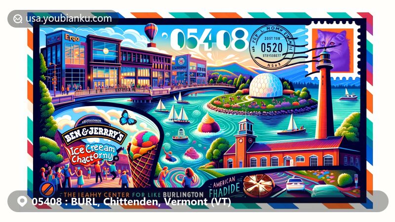 Modern illustration of Burlington, Vermont, showcasing iconic landmarks and cultural elements, including Ben & Jerry's Ice Cream Factory, ECHO, Leahy Center, Lake Champlain, Lake Champlain Chocolates, Battery Park, American Flatbread, and postal theme with ZIP code 05408.