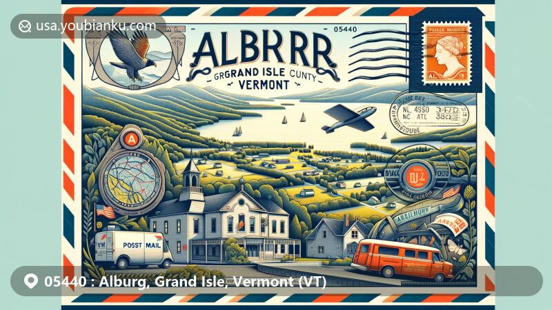 Modern illustration of Alburg, Grand Isle County, Vermont, showcasing postal theme with ZIP code 05440, featuring Lake Champlain and vintage postal elements.