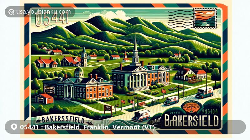 Modern illustration of Bakersfield, Vermont, showcasing the picturesque Green Mountains backdrop with a postcard or airmail envelope design. Features Brigham Academy, local cultural and educational heritage, diverse topography, including hills and valleys, and postal elements like stamp, postmark, ZIP code '05441', mailbox, and mail truck.
