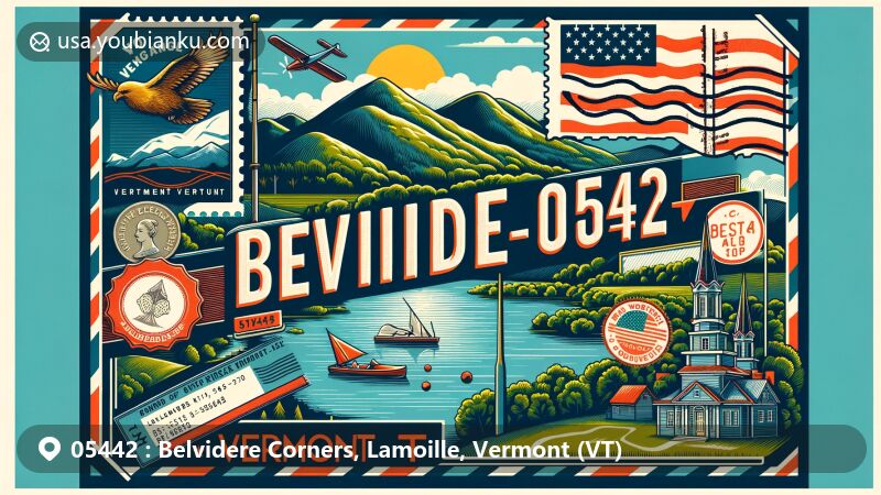 Modern illustration of Belvidere Corners, Lamoille County, Vermont, highlighting postal theme with ZIP code 05442, featuring Belvidere Mountain, Belvidere Pond, and Vermont state flag.