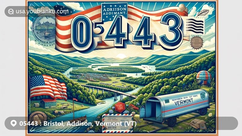 Modern illustration of Bristol and Addison, Vermont (VT), highlighting postal theme with ZIP code 05443, featuring vintage postcard and airmail envelope, Green Mountains, New Haven River, and Vermont state symbols.