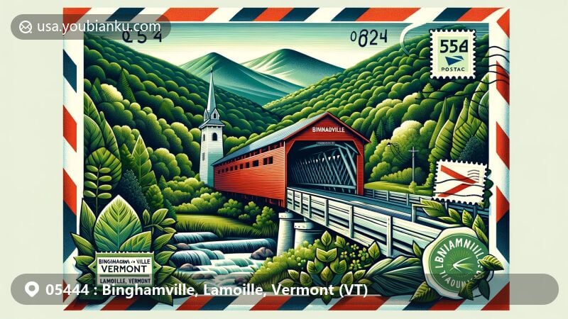 Modern illustration of Binghamville and Lamoille County, Vermont, showcasing the scenic Green Mountains, dense forests, and iconic covered bridge, integrated with postal elements like airmail envelope and postage stamps with ZIP code 05444.