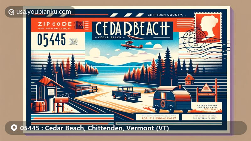 Modern illustration of Cedar Beach in Chittenden County, Vermont, featuring serene landscape with Chittenden Reservoir in the background and postal theme with ZIP code 05445.