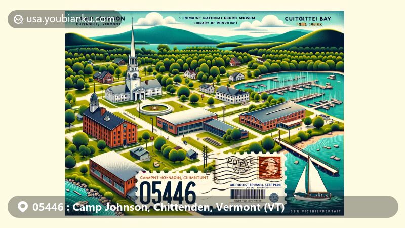Modern illustration of Camp Johnson, Chittenden, Vermont, showcasing diverse features with military significance, cultural heritage, and natural beauty of Niquette Bay State Park, integrating postal theme with ZIP code 05446 in vintage postcard layout.