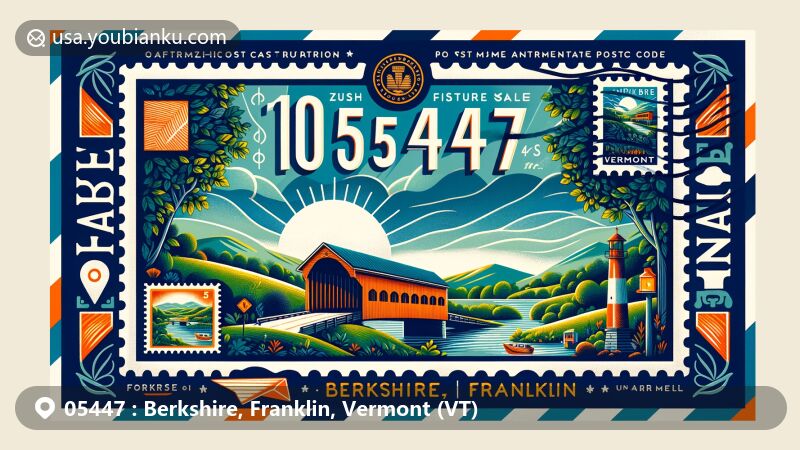 Creative illustration of Berkshire, Franklin, Vermont, showcasing ZIP code 05447 on a postcard design with state symbols and a pastoral covered bridge, ideal for highlighting rural beauty and postal theme.