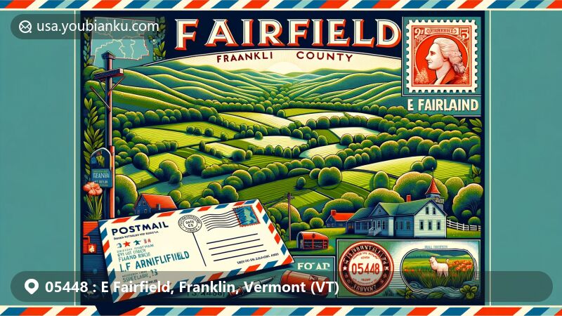 Modern illustration of E Fairfield, Franklin County, Vermont, featuring pastoral landscape with greenery and rolling hills, blending rural charm and natural beauty, showcasing vintage postal theme with airmail envelope and ZIP code 05448.