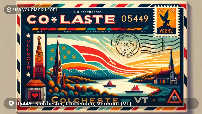 现代风格的邮政信封插图，展示了佛蒙特州Colchester的标志性符号，包括查普兰湖轮廓、尼奎特湾州立公园艺术表现和圣十字教堂剪影，配以邮票和05449邮编。