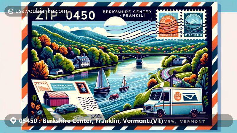 Modern illustration of Berkshire Center, Franklin, Vermont, capturing the beauty of Missisquoi River and surrounding nature, featuring creative postal design with stamp, postmark, ZIP code 05450, mailbox, and mail truck.