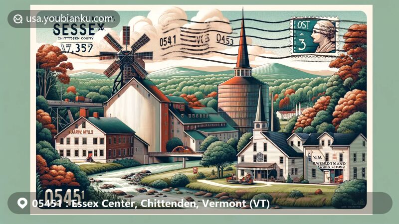 Modern illustration of Essex Center, Chittenden County, Vermont, showcasing Champlain Mill and Old Round Church with Vermont's natural and historical elements, including maple sugaring, Bixby Hill Sugar House, and iconic postal motif of ZIP code 05451.