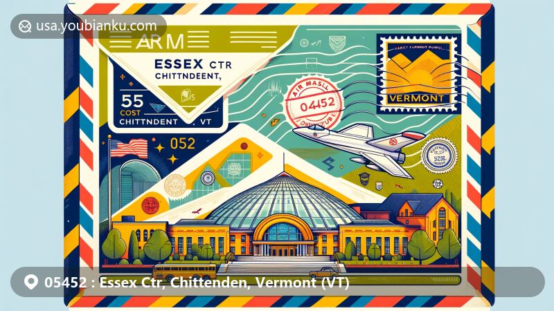 Modern illustration of Essex Ctr, Chittenden, Vermont (VT), showcasing a creative air mail envelope with iconic elements like Harriet Farnsworth Powell Museum and Vermont state symbols, along with classic postal elements and clear '05452' ZIP code.