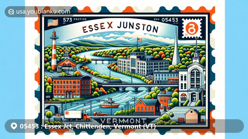 Modern illustration of Essex Junction, Vermont, featuring historic buildings, Winooski River, and seasonal landscapes, with a creative frame resembling a postcard or postal stamp showcasing ZIP code 05453 and postal elements.