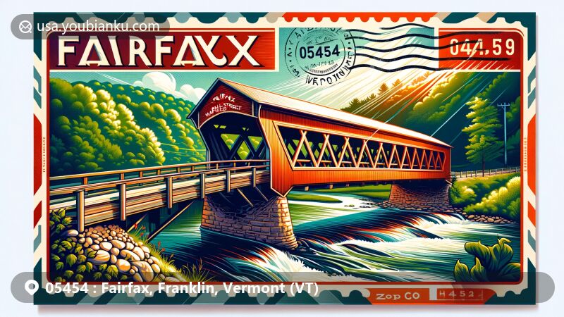Modern illustration of Fairfax, Franklin County, Vermont, showcasing iconic Maple Street Covered Bridge in a picturesque New England setting with lush greenery and serene ambiance, featuring postal theme with ZIP code 05454.
