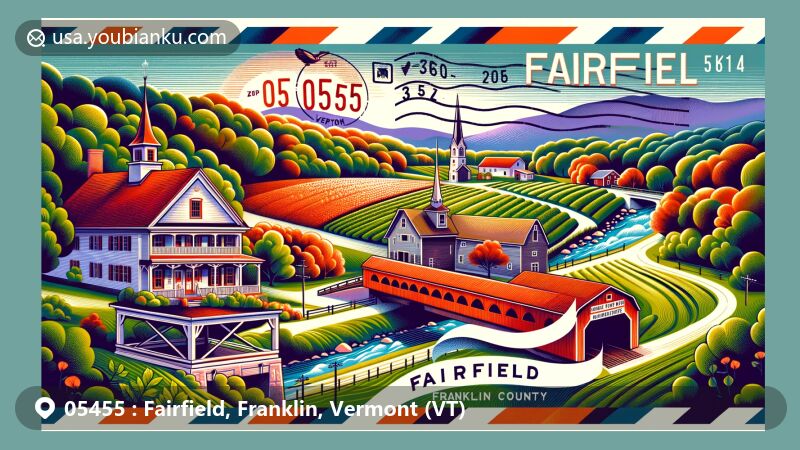 Modern illustration of Fairfield, Franklin County, Vermont, featuring historic childhood home of President Chester A. Arthur, Branon Family Maple Orchards, and East Fairfield Covered Bridge, blending in natural landscape and postal elements.