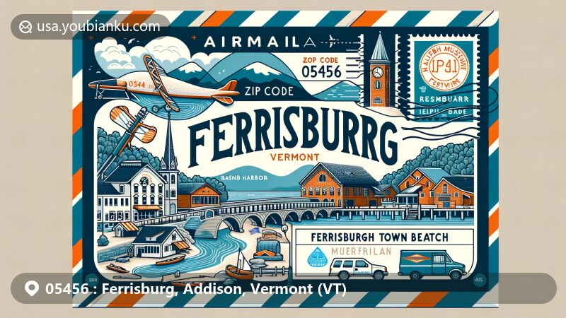 Modern illustration of Ferrisburg, Vermont, showcasing postal theme with ZIP code 05456, featuring town center, Basin Harbor, Rokeby Museum, Halpin Covered Bridge, and Ferrisburgh Town Beach.