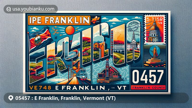 Creative illustration of E Franklin, Franklin, Vermont (VT) with ZIP code 05457, featuring Vermont state flag, Franklin County map outline, iconic landmarks, and postal elements.