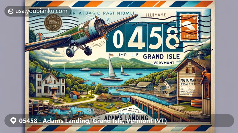Vintage-style illustration of Grand Isle, Vermont, showcasing air mail theme with ZIP code 05458, featuring Lake Champlain and Vermont's green landscapes.
