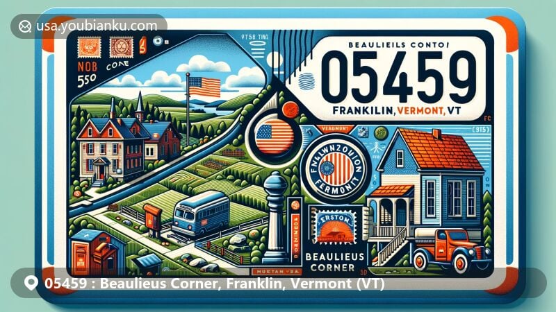 Modern illustration of Beaulieus Corner, Franklin, Vermont, reflecting regional and postal features, showcasing Vermont state symbols and rural landscapes, along with unique charm of the town, vintage postal elements like stamps and mailboxes, with ZIP code 05459.