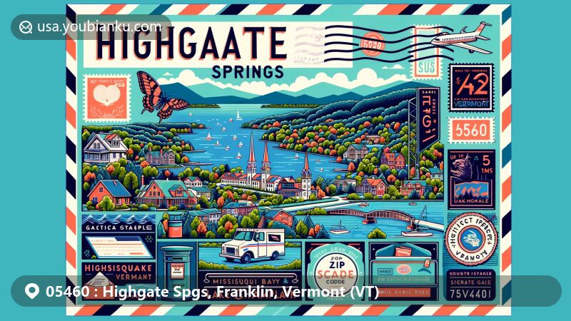 Modern illustration of Highgate Springs, Vermont, with postal theme including ZIP code 05460, showcasing Missisquoi Bay and Lake Champlain, along with local landmarks like Highgate Manor and Gagne Maple.