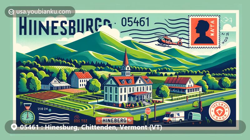 Modern illustration of Hinesburg, Vermont, showcasing Green Mountains, historical landmarks, and postal theme with ZIP code 05461, including stamps, postmarks, mailbox, and mail truck.