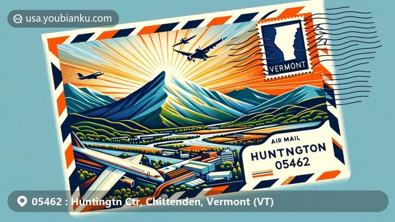 Vibrant illustration of Huntington, Vermont, showcasing ZIP code 05462 with Camel's Hump peak and state flag, in the style of a postal envelope. Features scenic mountain landscape and postal elements.