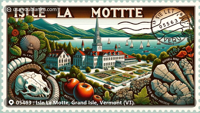 Modern illustration of Isle La Motte, Vermont, featuring St. Anne's Shrine, geological elements of Goodsell Ridge and Fisk Quarry Preserves, and specialty products of Hall Home Place, all capturing the natural beauty and postal theme of the area.
