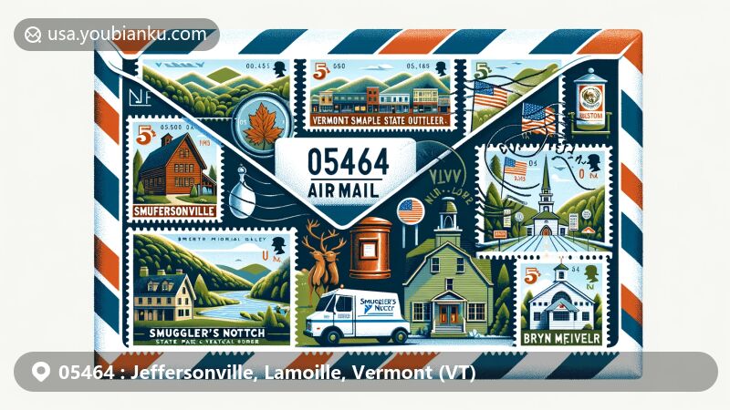 Modern illustration of Jeffersonville, Vermont, showcasing a wide airmail envelope with ZIP code 05464, featuring iconic landmarks and cultural elements, including Smuggler's Notch State Park, Vermont Maple Outlet, and Brewster River Pub.